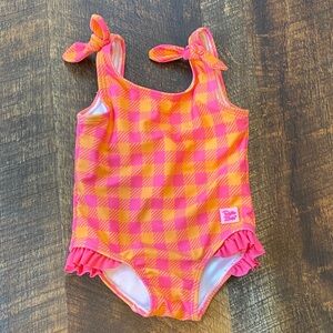 Ruffle Butts Pink and Orange Checkered Swim One Piece